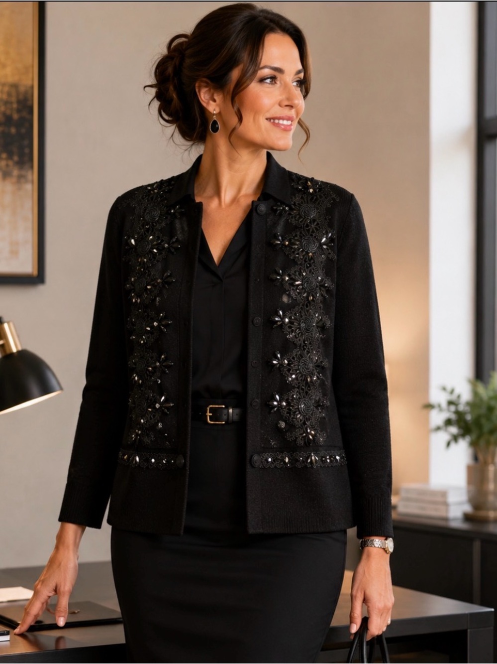 Chico's Black Embellished Floral-Detail Jacket